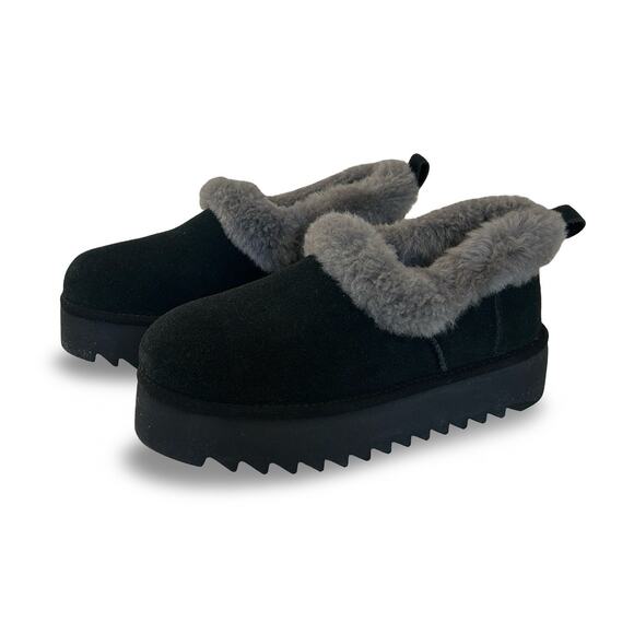 UGG Nita Platform Slippers Genuine Shearling Womens Size 7 Black Suede - Picture 3 of 6